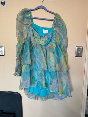 SELKIE Blue Green Floral Puff-Sleeve Women's Top